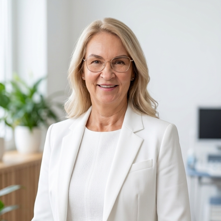 Frau Beate Knaur mit blonden Haaren in einem hellen Anzug, lächelt in einem modernen Büro.
